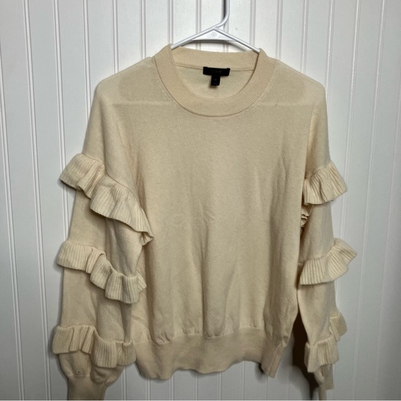 J. Crew cream ruffle sleeve sweater wool crewneck ruffle sweater As Seen On - Picture 3 of 6